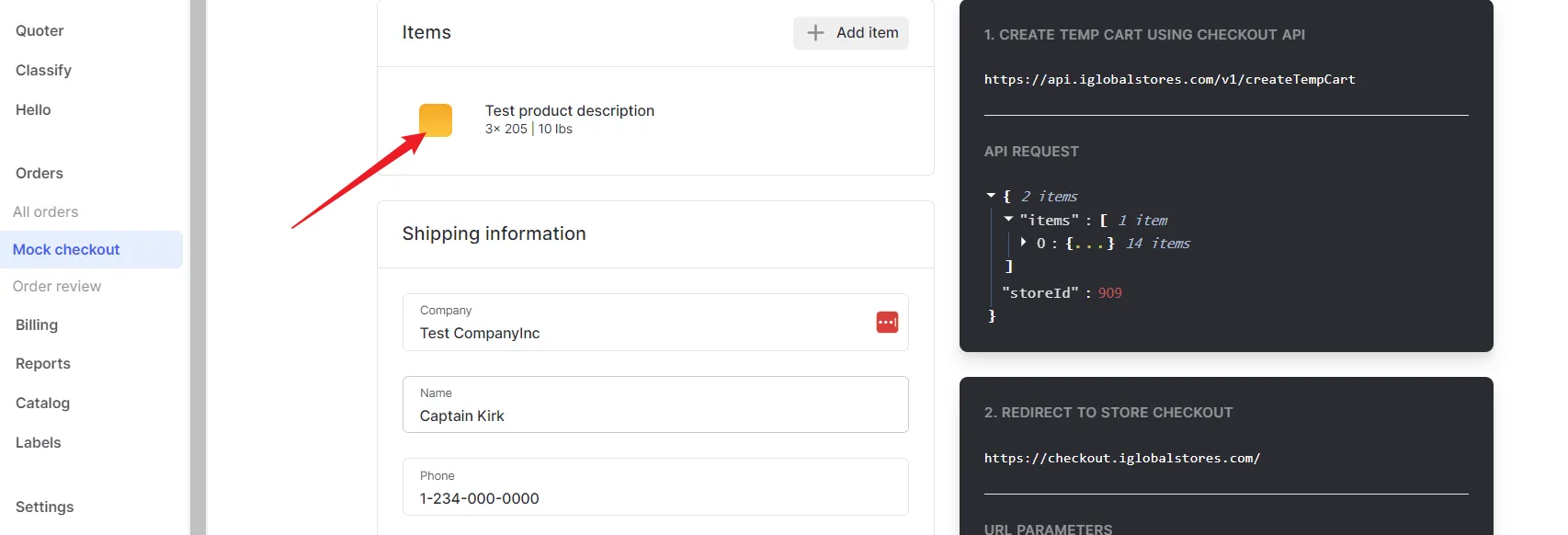 Test shipping mock checkout